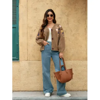 Women's floral button up cardigan knitted sweater