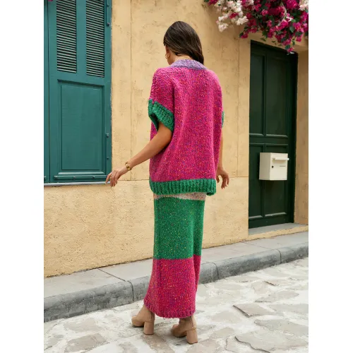 Set Sweater V-leher Knit Berwarna-warni