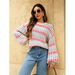 Светлый круглый вязаный свитер для женщин в ярких цветах