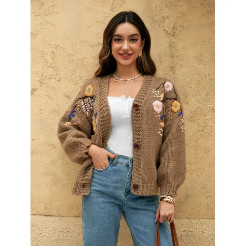 Cardigã de botão floral feminino em malha