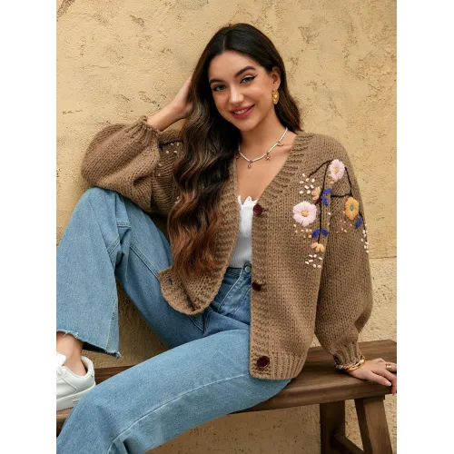 Cardigã feminino de botão floral em tricô