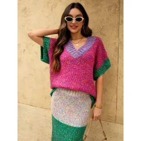 Kleurrijke V-hals Gebreide Sweater Set