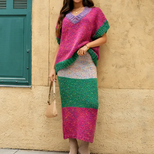 Set Sweater Rajut Leher V Berwarna-warni