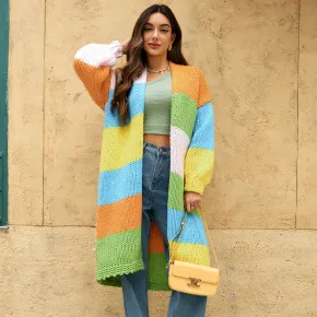 Women's spliced color long sweater jacket