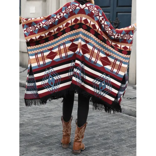 Women's long button block pattern cardigan sweater shawl