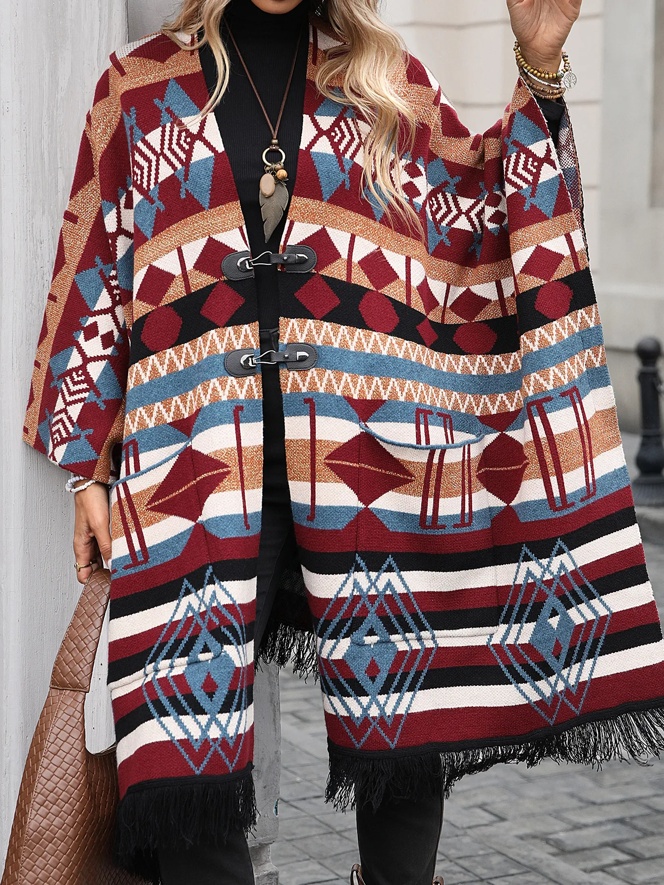 Women's long button block pattern cardigan sweater shawl