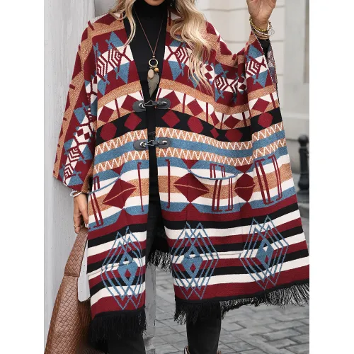 Women's long button block pattern cardigan sweater shawl