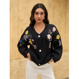 Women's autumn and winter black cardigan sweater