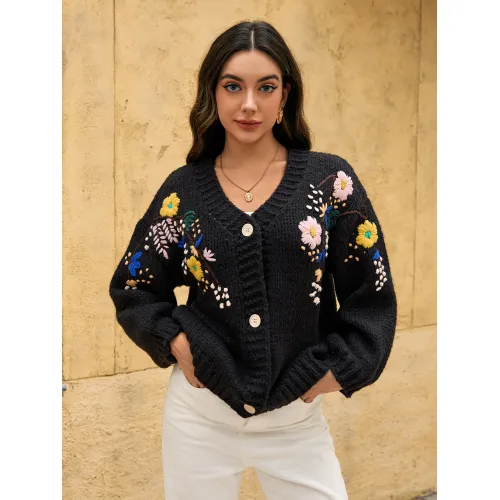 Women's autumn and winter black cardigan sweater