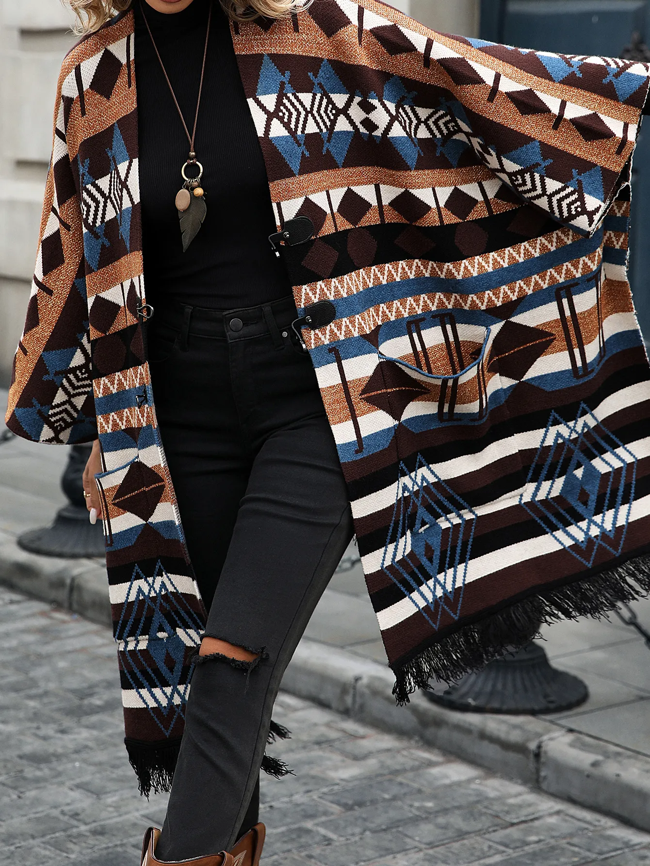 Women's long striped fringe cardigan shawl sweater
