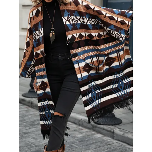 Women's long striped fringe sweater cardigan jacket