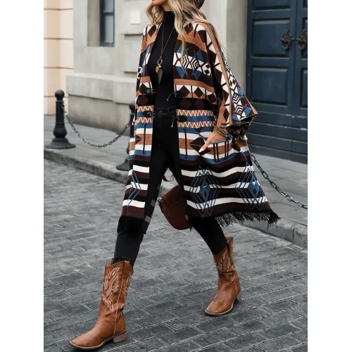 Women's long striped fringe sweater cardigan jacket