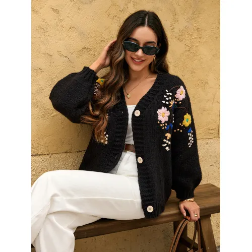 Dame efterårs- og vinter sort cardigan sweater