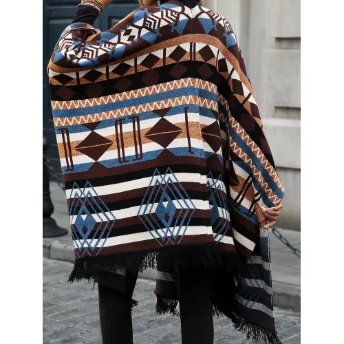 Women's long striped fringe sweater cardigan jacket