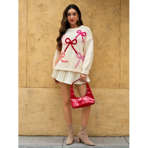 Women's white bow pattern pullover sweater