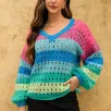 Suéter de pullover de rayas con escote en V para mujer