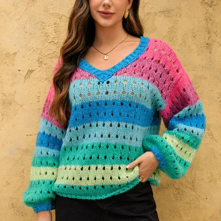 Women's V-neck striped pullover sweater