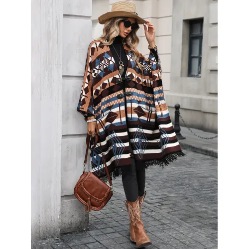 Women's long striped fringe sweater cardigan jacket