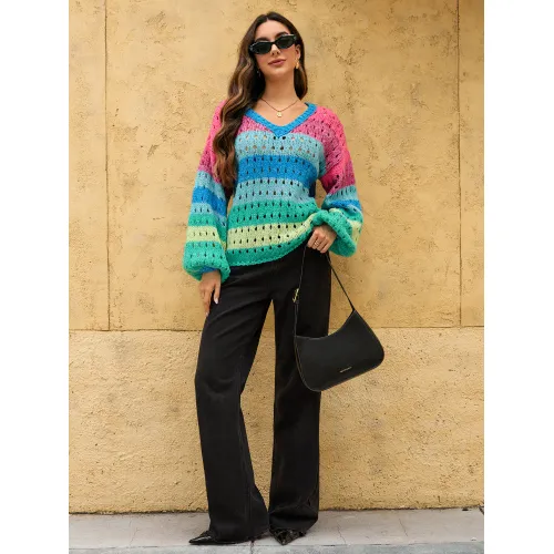 Suéter de punto de mujer con cuello en V y rayas.