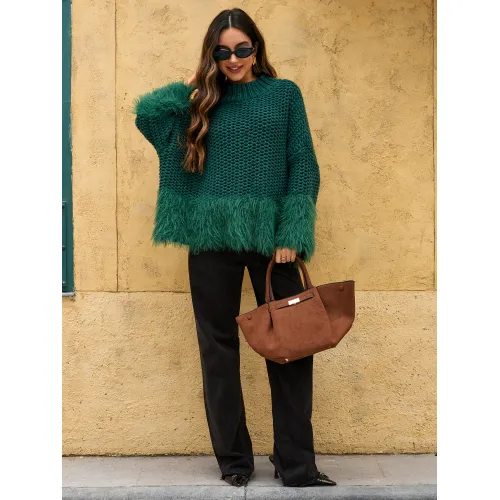 女士绿色圆领套头毛衣