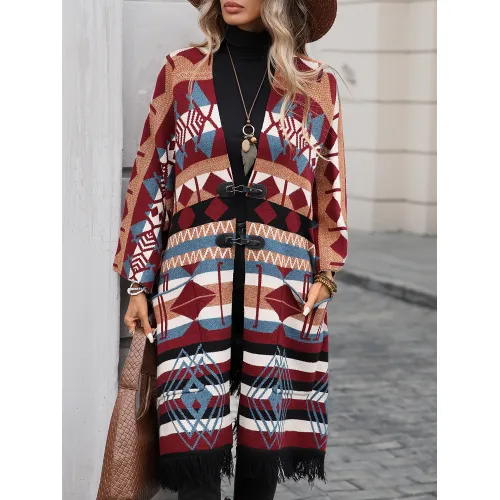 Women's long button block pattern cardigan sweater shawl