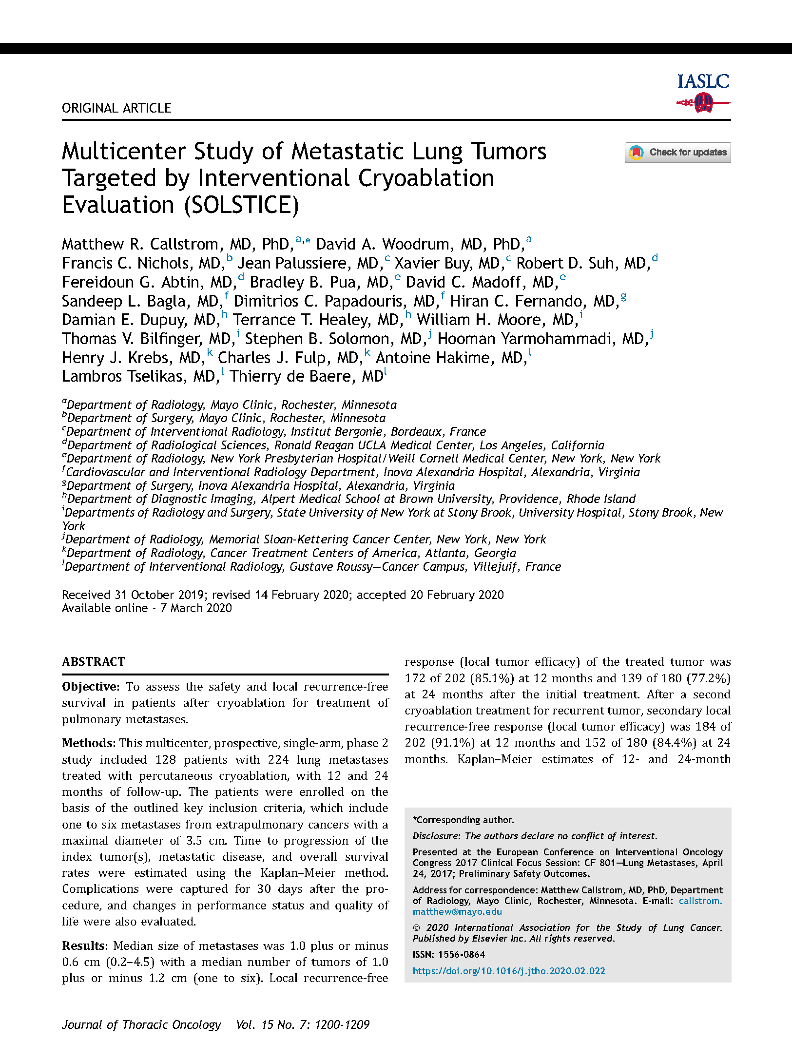 Multicenter Study of Metastatic Lung Tumors Targeted by Interventional Cryoablation Evaluation (SOLSTICE)