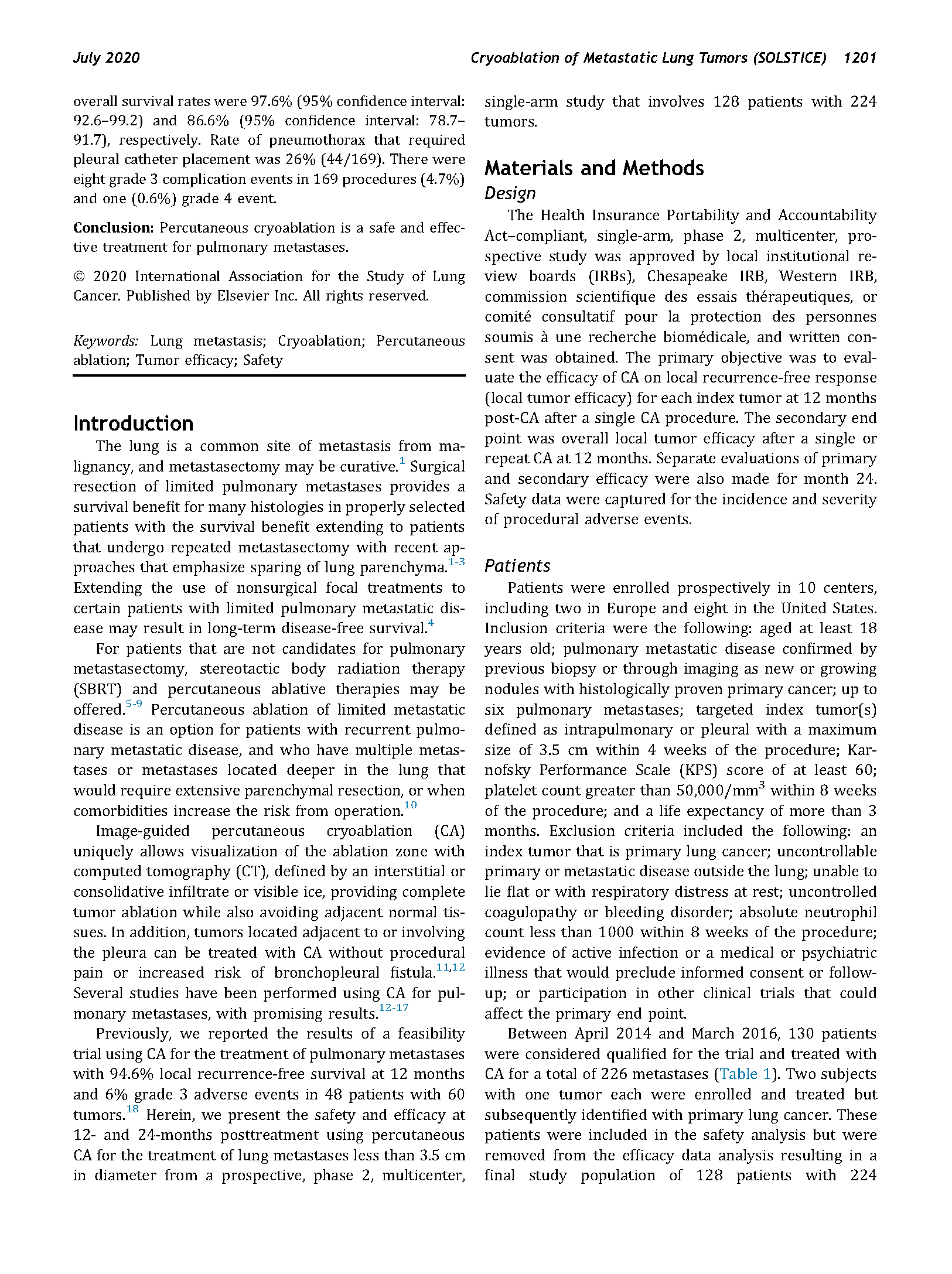 Multicenter Study of Metastatic Lung Tumors Targeted by Interventional Cryoablation Evaluation (SOLSTICE)