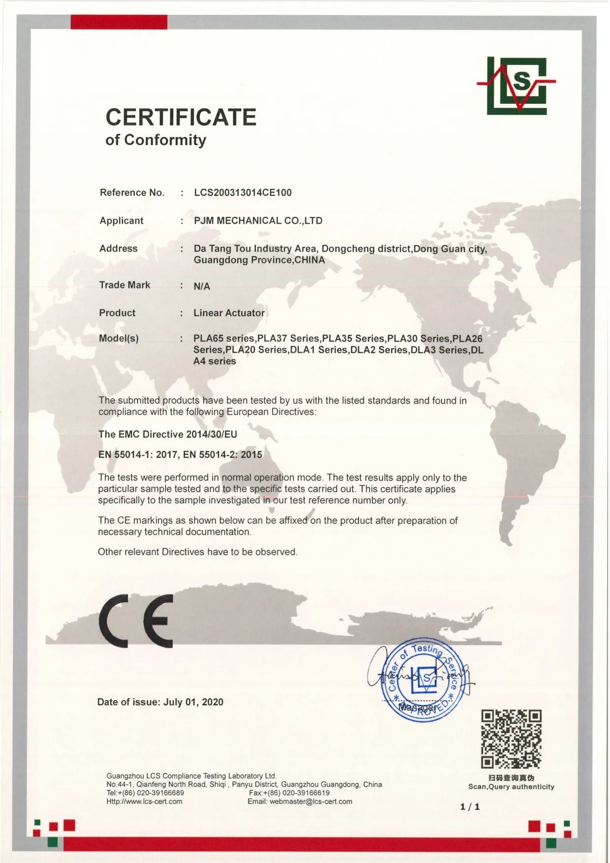 CE Certificate of Liner Actuator