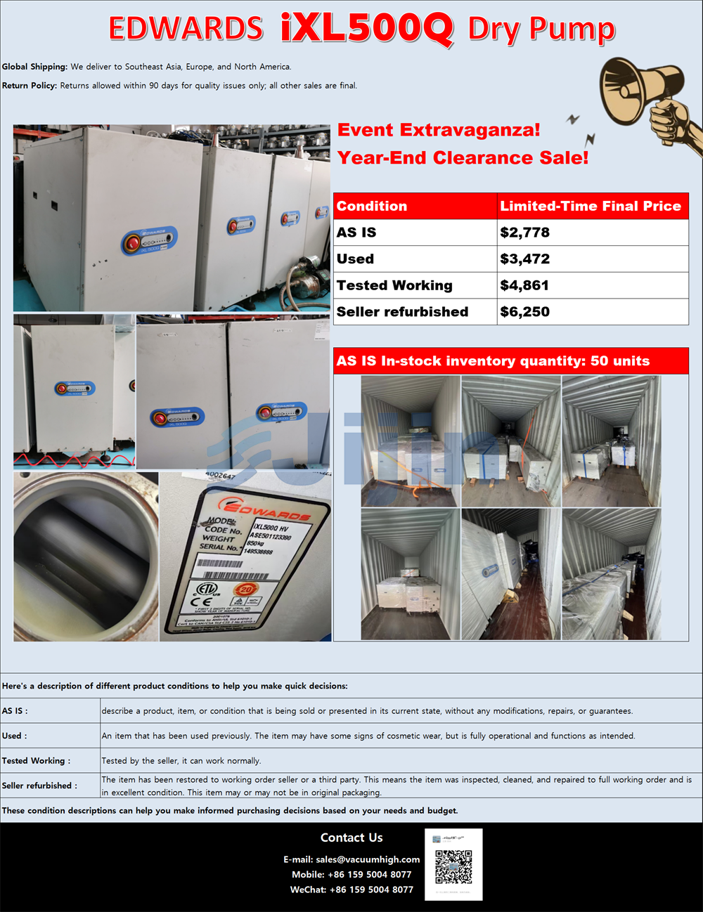 EDWARDS iXL500Q Dry Pump Year-End Clearance Sale!