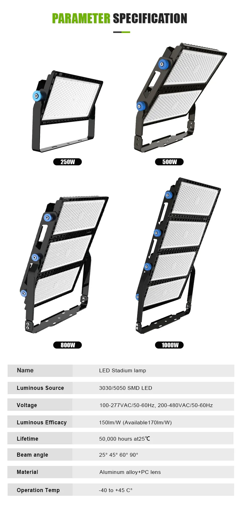 Hongzhun étanche IP66 entrepôt extérieur stade lumière aluminium 200w 300w 400w 500w 600w 1000w 1200w AC Led projecteur