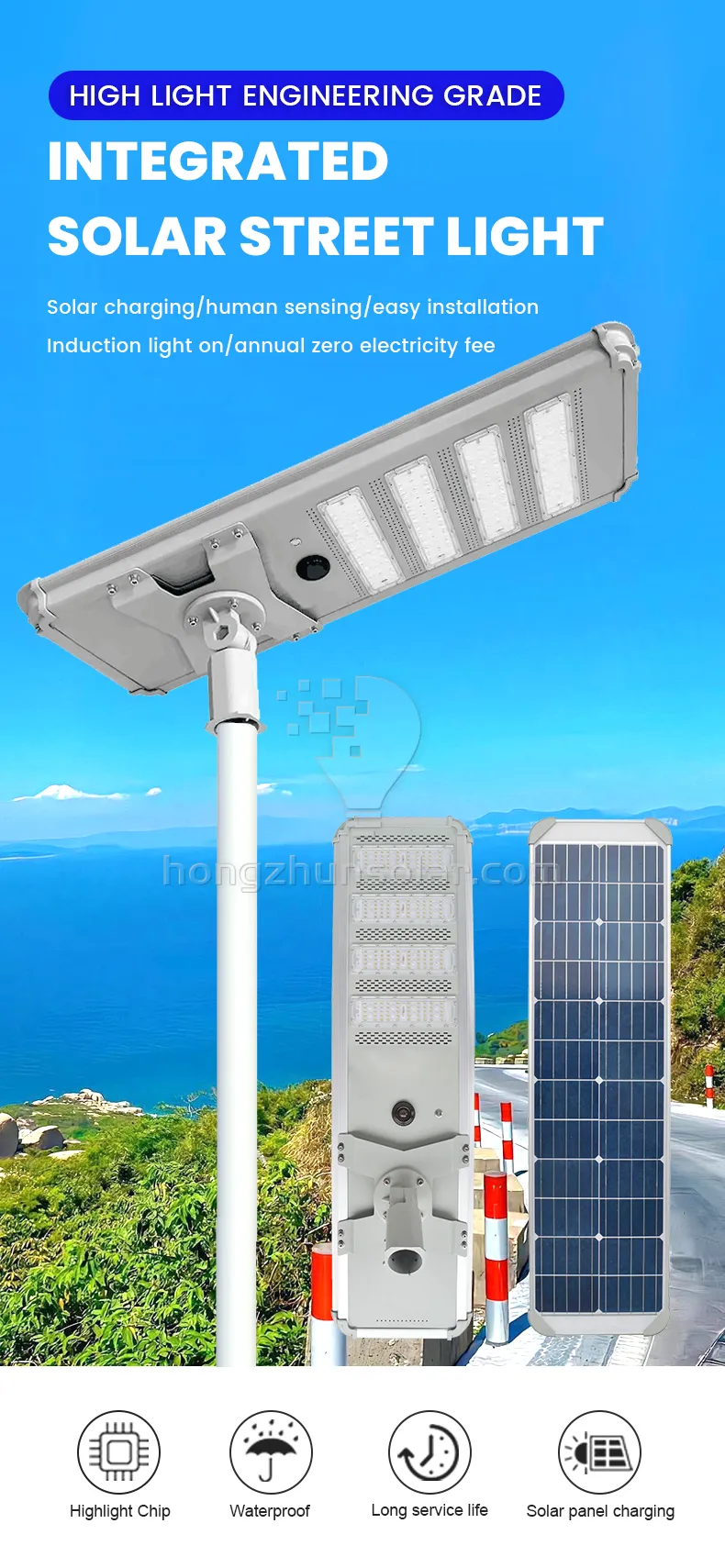 Lampe solaire extérieure IP65 Aluminium étanche Aluminium Road Light 200W ~ 1000W intégré tout dans un réverbère solaire à LED