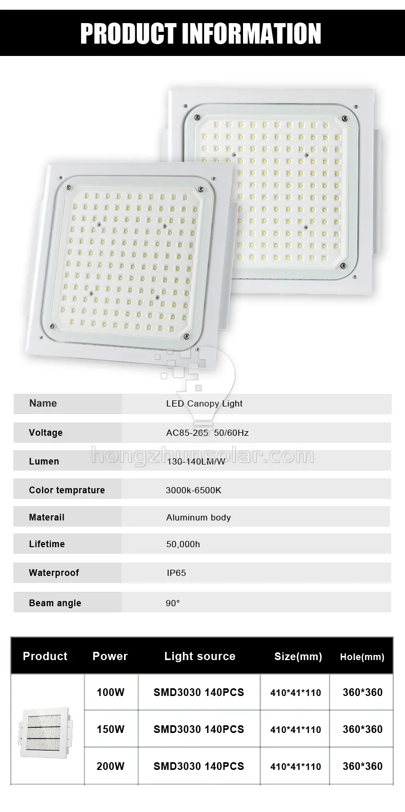 50W ~ 200 W Lumière à canopée à LED à haute efficacité pour la station-service
