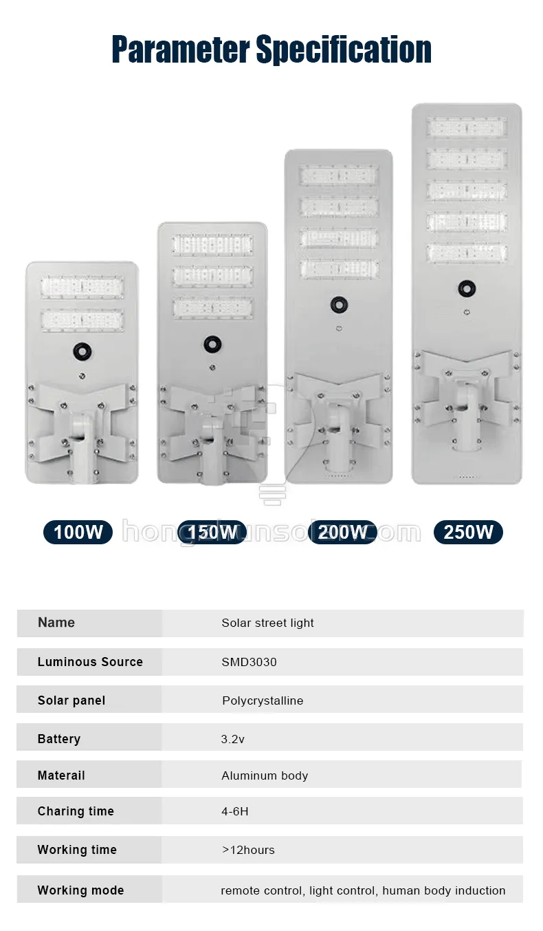 Solar Streetlight SMD IP65 Aluminium extérieur imperméable 100W ~ 250W tout dans un réverbère solaire à LED intégré