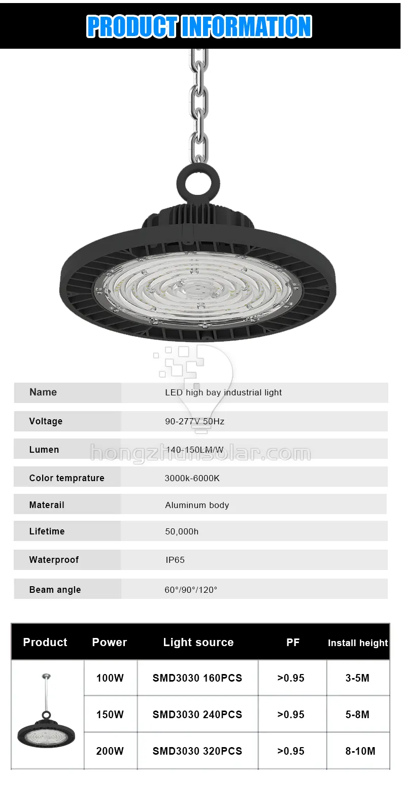 High Lumen High Bay Lampe Aluminium IP65 50W 100W 150W 200W 250W Atelier d'entrepôt de lampe industrielle UFO LED High Bay Light