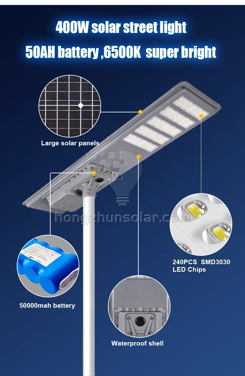 Aluminium Solar Road Light Ip65 IP65 100W ~ 600W tout dans un réverbère solaire à LED intégré avec poteau