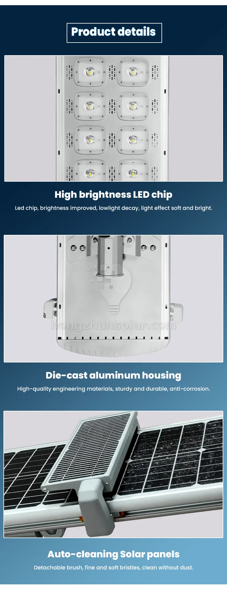 Fonction de panneau solaire de nettoyage automatique étanche IP65 100W-500W Lampadaire solaire LED extérieur