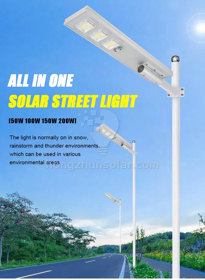 IP65 Waterproof 50W to 200W All in One Integrated Solar LED Street Light Outdoor Aluminum