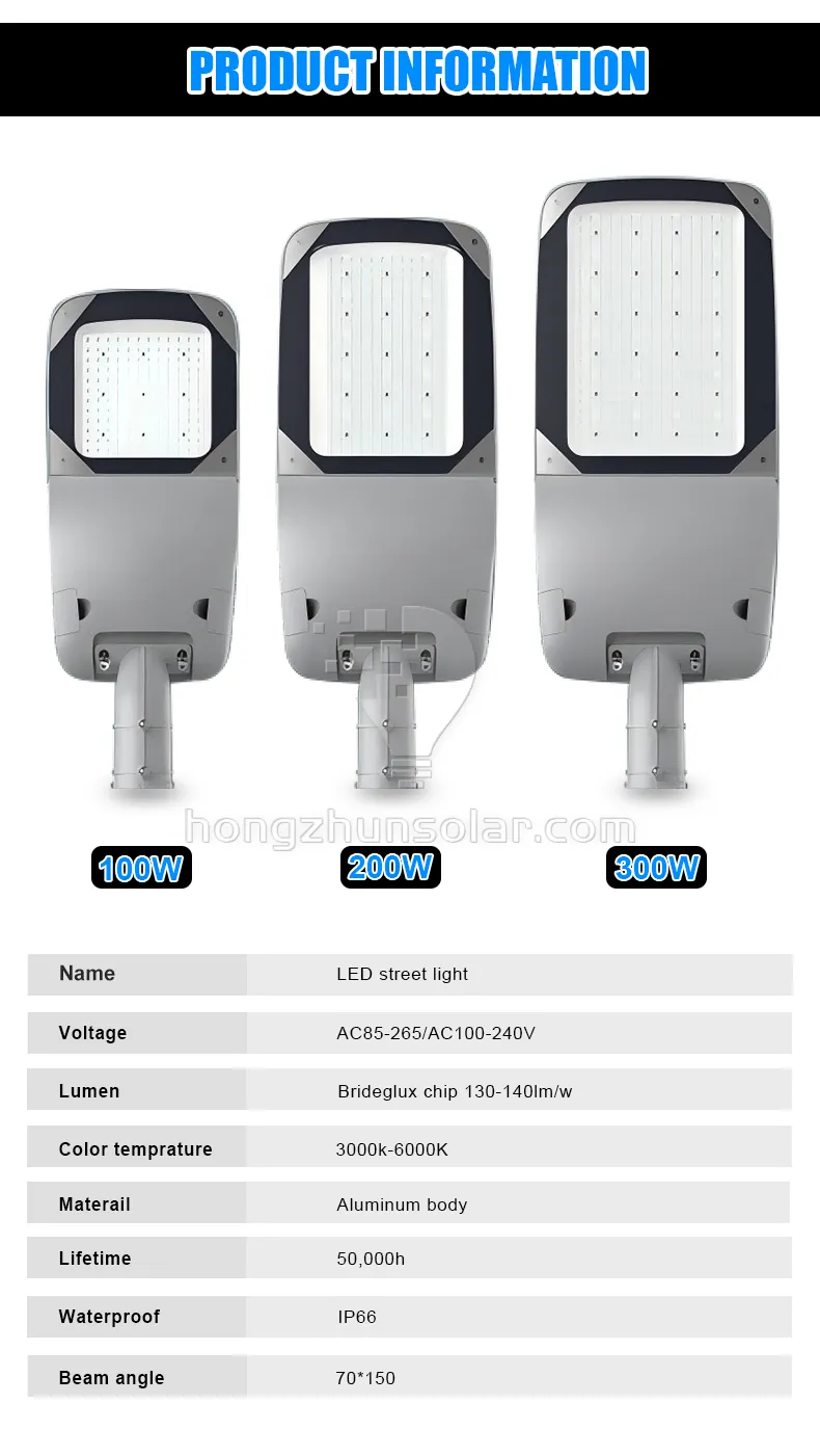 Lampadaire LED étanche IP65 IP66 pour route urbaine, puce SMD3030 en aluminium 50W-300W, électricité extérieure