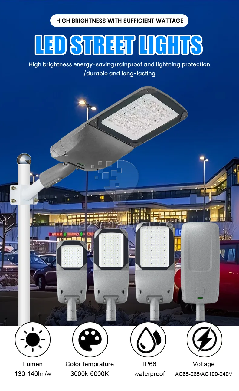 Lampadaire LED étanche IP65 IP66 pour route urbaine, puce SMD3030 en aluminium 50W-300W, électricité extérieure