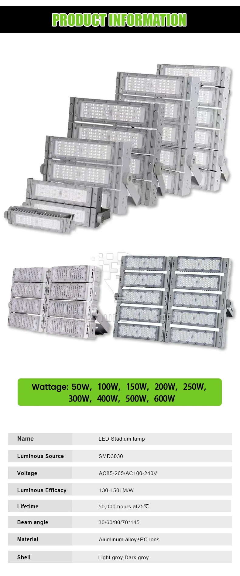 Projecteur LED 100W-600W SMD pour stades sportifs, terrains extérieurs, étanche IP65