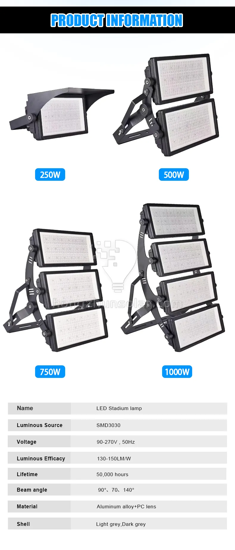 Lumière d'inondation élevée de Lumen SMD LED 50W-2000W haute luminosité pour le stade de Football étanche IP65 IP67 en aluminium pour les sports