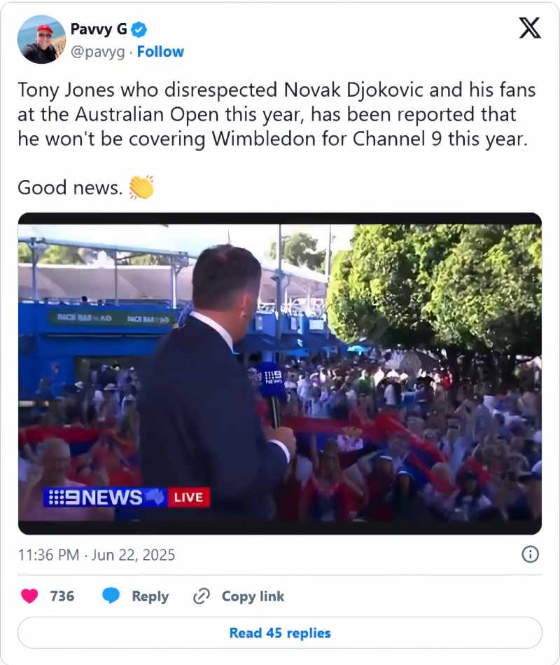 Australian Broadcaster Tony Jones Dropped from Wimbledon Coverage After Controversial Djokovic Remarks