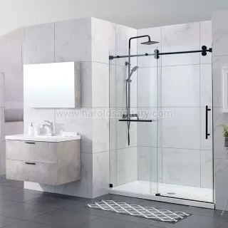 Harold frameless shower door showcases a modern silhouette with soft-close technology. The bypass design allows both premium 10 mm3/8 inches glass panels treated with spot guard to glide smoothly open. Delight your bathroom with sliding shower doors by ch