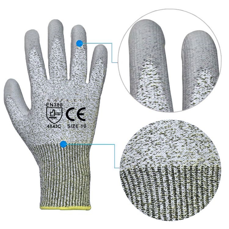 Hppe Cut Resistant Level 5 Pu Coated Safety Work Gloves