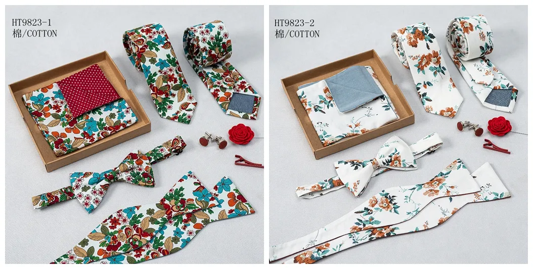 Custom high quality wedding floral mens ties bowties set