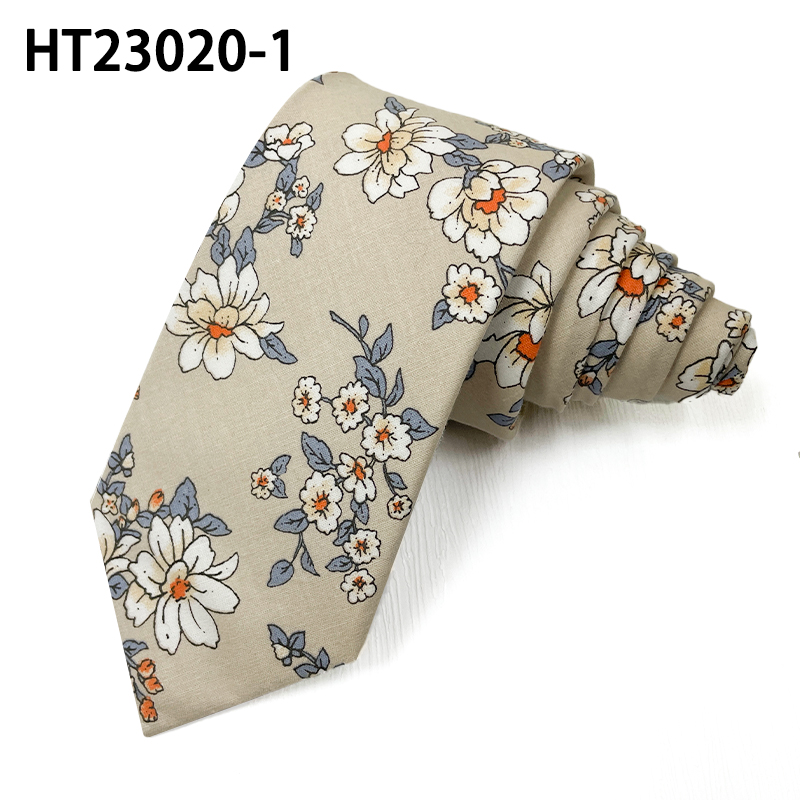 Light gray fashion cotton printed flower mens tie