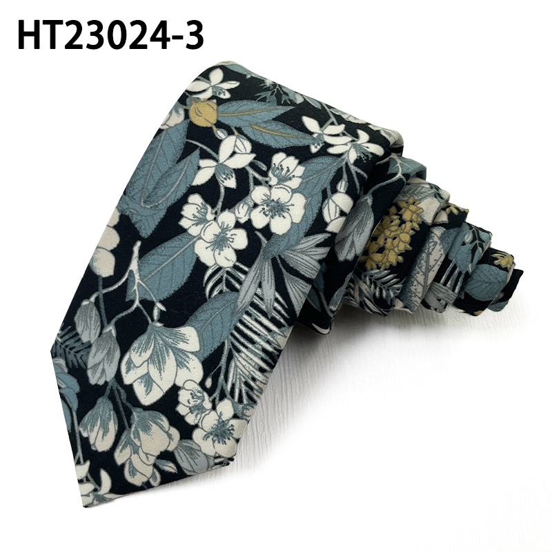 White flowers black cotton necktie