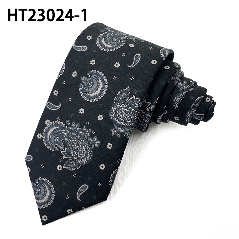 White flowers black cotton necktie