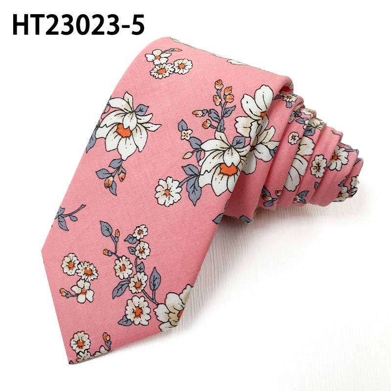 Cotton pink flowers slim tie