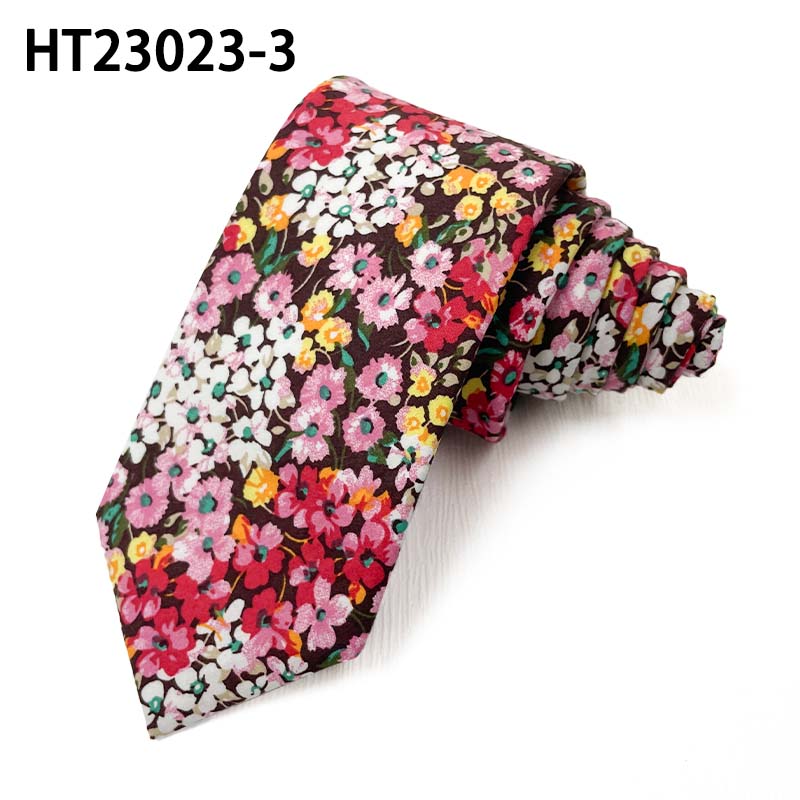 Cotton pink flowers slim tie